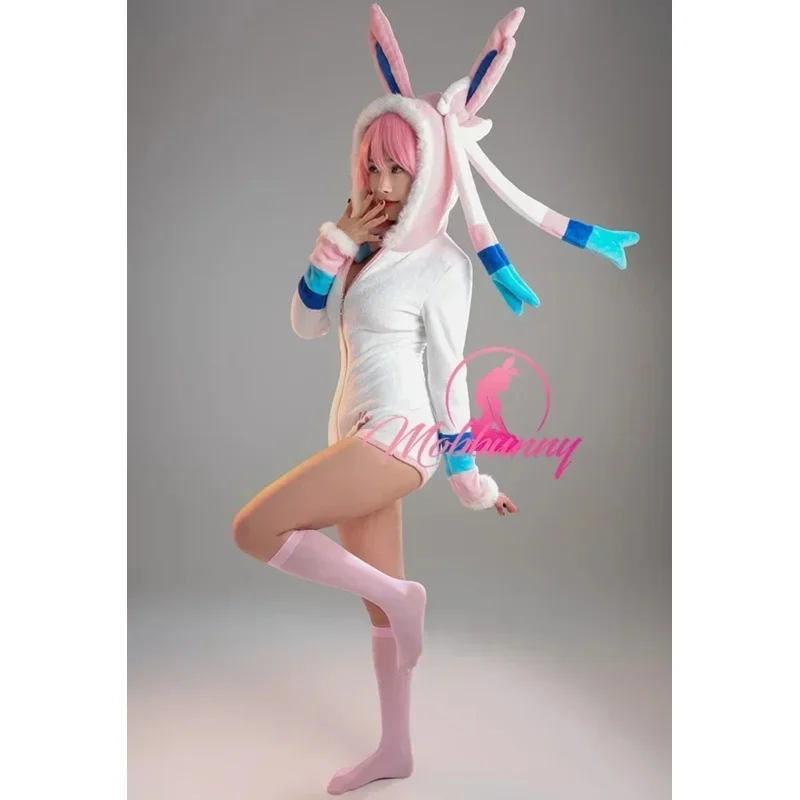 WAT Mobbunny PM Derivative Сексуальное пушистое боди с капюшоном Deep V Kawaii Цельный комбинезон