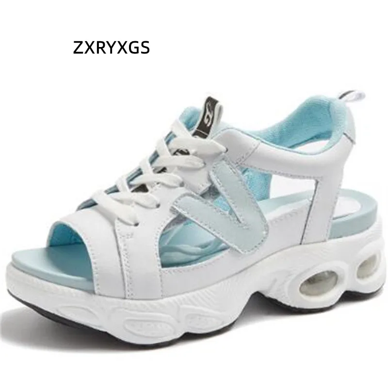 

2022 Fish Mouth Lace-up Genuine Leather Sandals Wedges Platform Light Summer Sneakers Women Shoes Sandals Fashion Casual Shoes