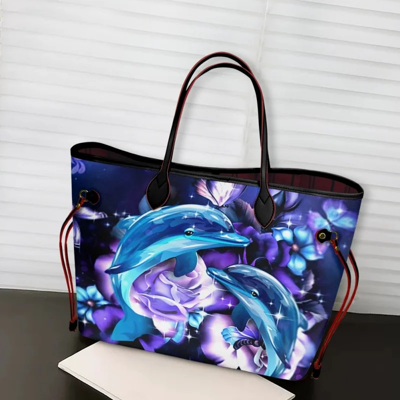 

Blue Dolphin Purple Rose Design Women's Totes Bags Large Capacity Shoulder Bag for College Girls PU Leather Handbag Bolsos Mujer