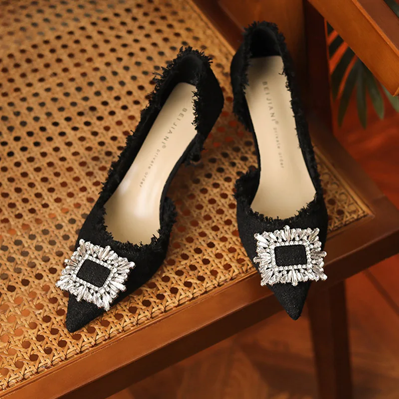 TRAF Women Heeled Heels 2022 Elegant Rhinestone Female Pumps Black White Texture Wedding Bride Luxury Brand Woman Shoes Heel