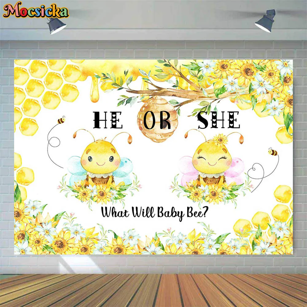 Купи Mocsicka Gender Reaveal Backdrop He or She Sweet Little Bee Baby Shower Background Gender Reveal Party Decorations Custom Banner за 335 рублей в магазине AliExpress