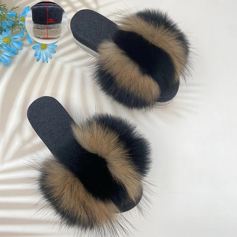 

Platform Sandals 2022 Summer Straw Furry House Slippers Ladies Real Fox Fur Flip Flops Women Luxury Designer Shoes Sandal