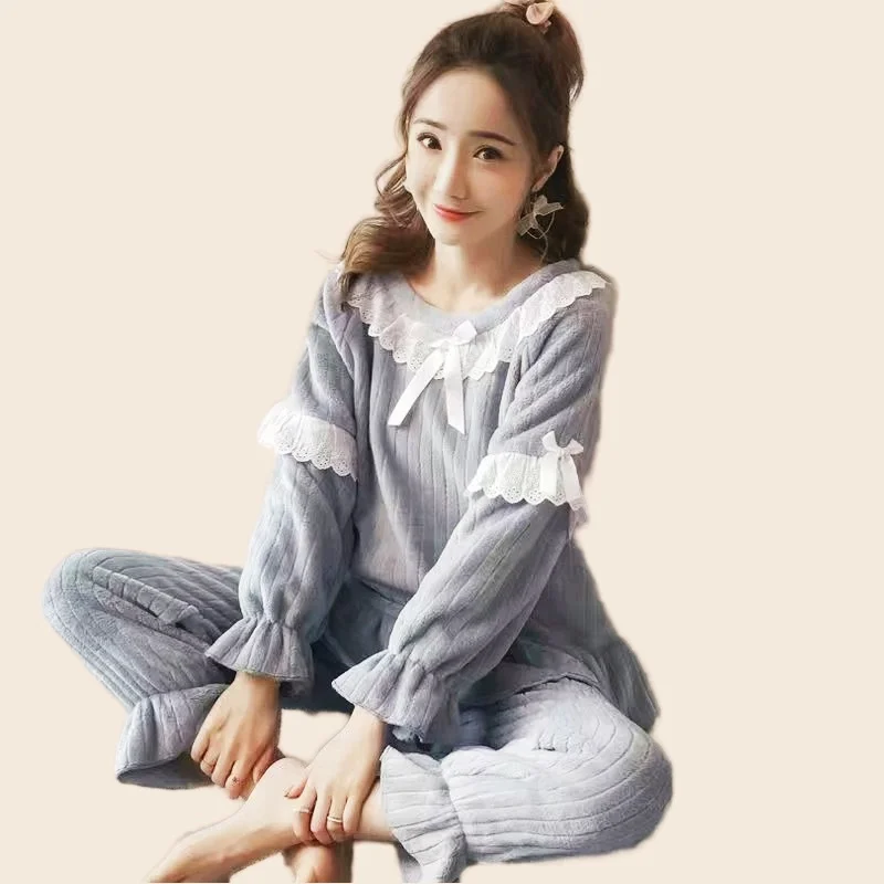 Sexy Bow Homewear Women's Winter Pajamas Set Women Sweet Princess Full-Sleeve Warm Pink Pyjamas Top Clothes Big Size