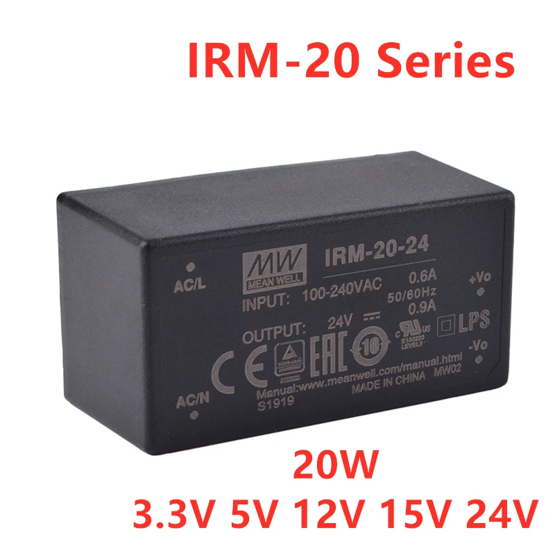 

MEAN WELL IRM-20 Series 20W Encapsulated AC-DC PCB Module Type Power Supply 3.3V 5V 12V 15V 24V