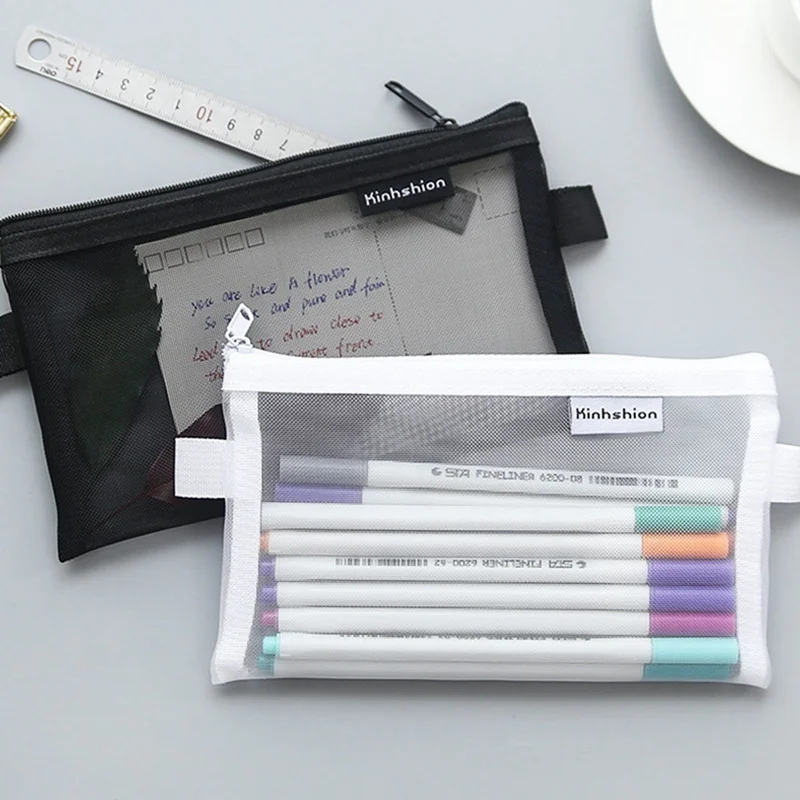 

Simple Transparent Mesh kawaii cute girl Pencil Case bag For Girls Boys Office Student Nylon School Stationery Supplies Pen Box