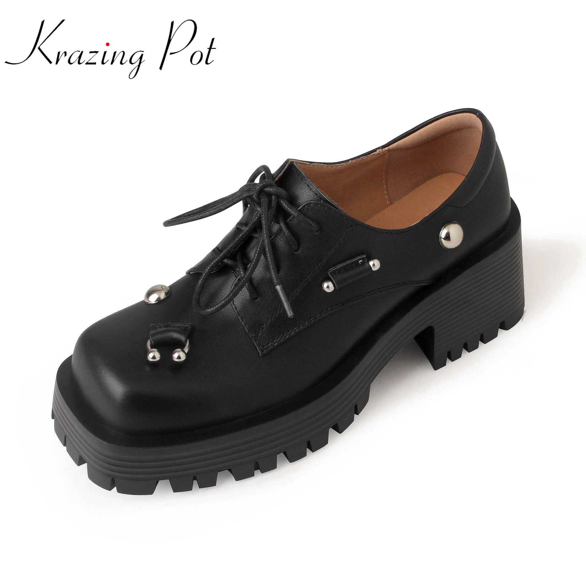 

Krazing Pot Cow Leather Square Toe Thick High Heels Spring Shoes Platform Rivets Metal Decorations Leisure Lace-up Women Pumps