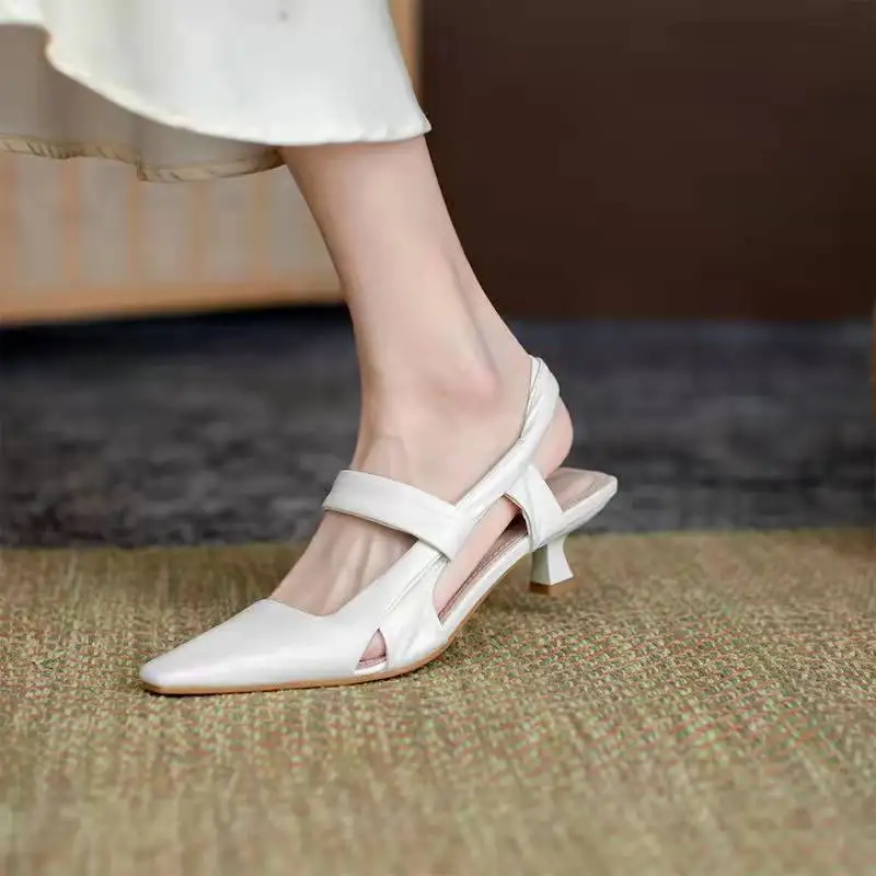 

Clear Heels Retro Woman Shoes Square Toe Sandals Elastic Band Suit Female Beige Med 2022 Summer Original Slip-on Fashion Spring