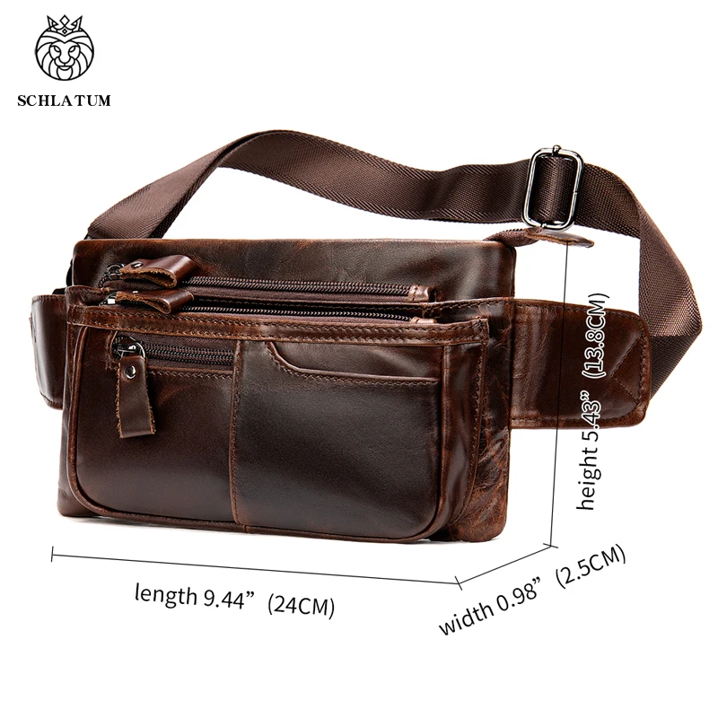 SCHLATUM Genuine Leather Fanny Bag for Fanny Pack Male Travel Waist Bag Men Phone Pouch Male Leather Messenger Bag Casual Small