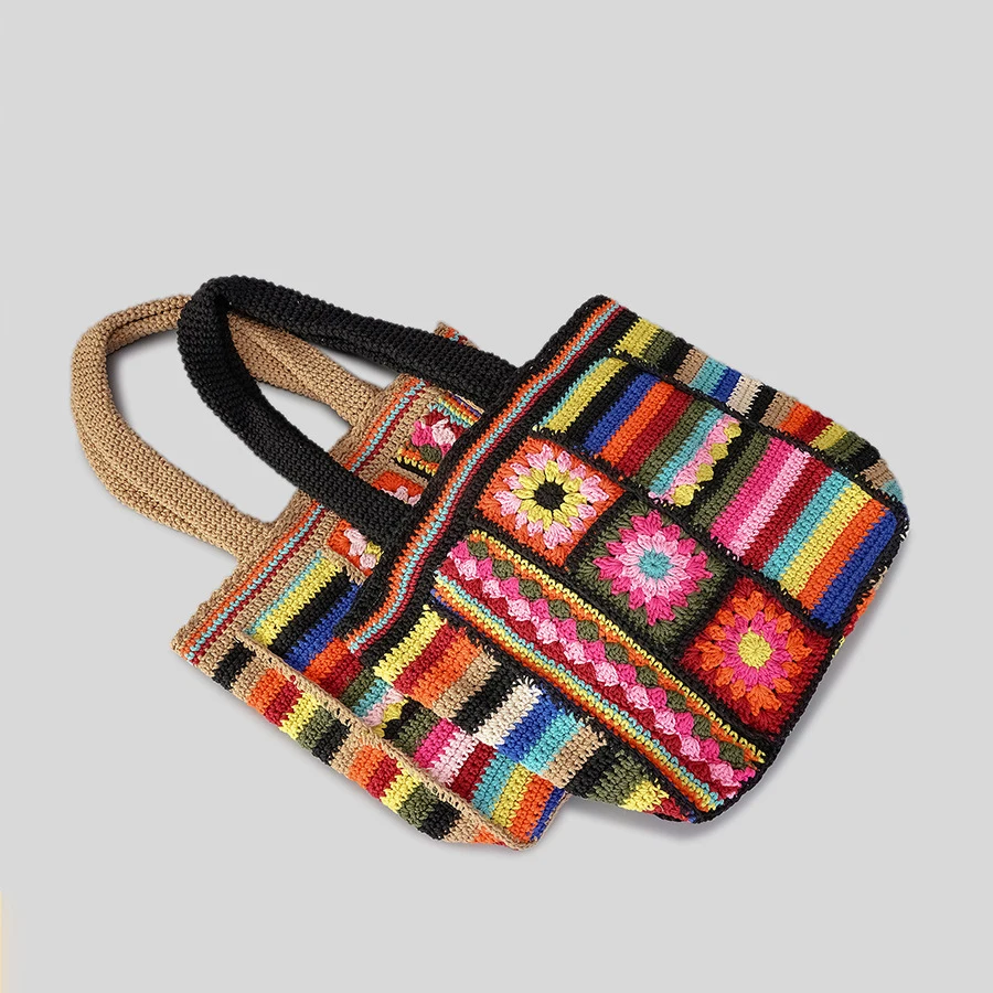 Bohemian Colorful Flower Knitted Tote Bag Crochet Women Shoulder Bags Casual Handmade Woven Big Shopper Purses Cute Handbags