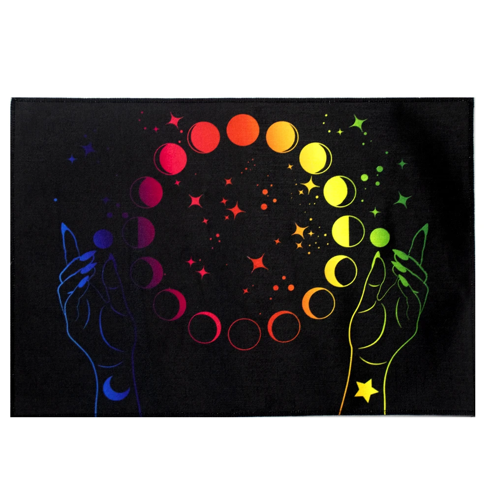 

Mystical Moon Phases and Woman Hands Colorful Spectrum Pagan Wiccan Goddess Symbol Esoteric Magic Space Sacred Wheel Lunar Cycle
