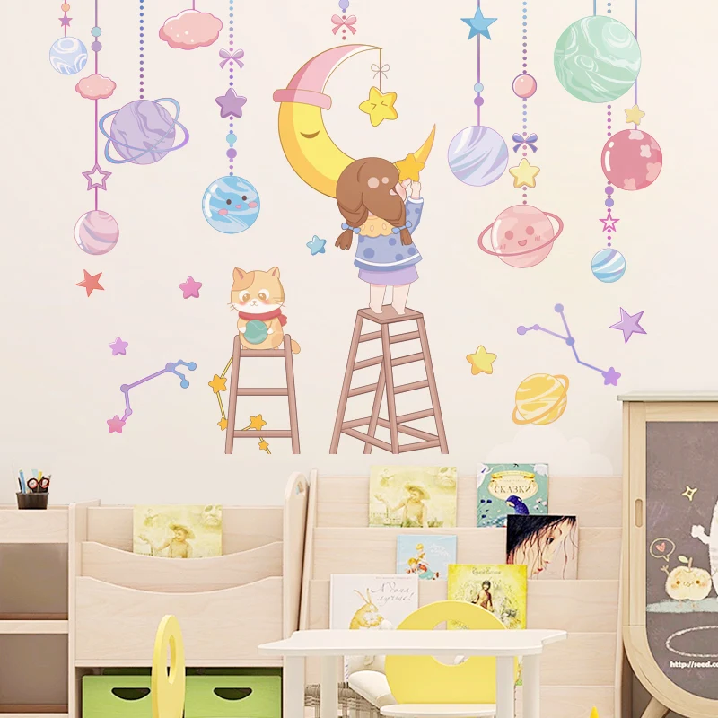 

Cartoon Girl Cat Wall Stickers DIY Planets Stars Moon Wall Decals for Kids Room Baby Bedroom Kindergarten Home Decoration