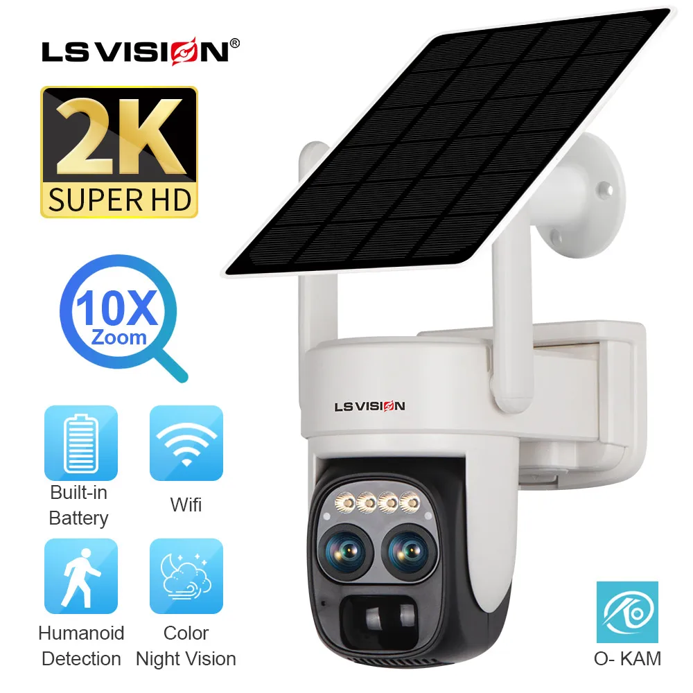 LS VISION 4MP Dual Lens WIFI Solar Security Camera Wireless Outdoor 2K PIR Human Detection Battery CCTV Camera 10X Optical Zoom