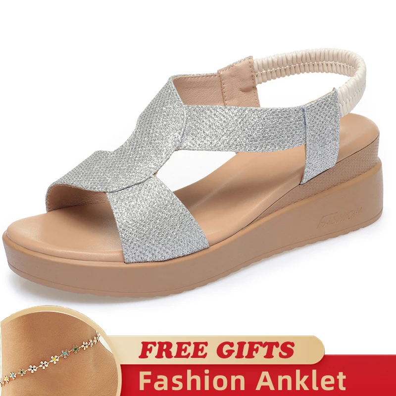 

Rhinestones Women Bling Sandals Wedge New Fashion Roman Hollow Large Sizes Sandals Women Women's Summer Female Sandals
