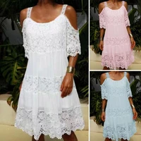 sling cold shoulder half sleeve summer dress crochet embroidery lace stitching mini dress female clothing