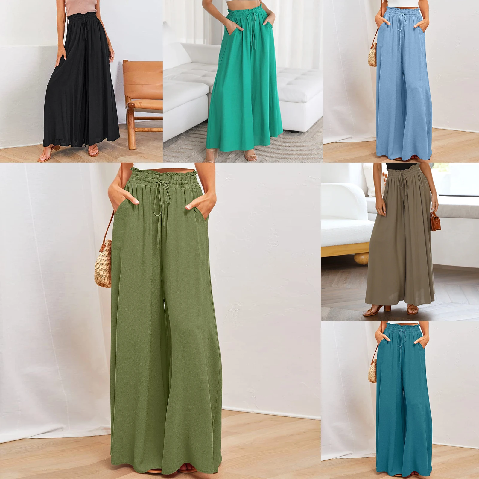 

Ladies Oversized Pants Wide Leg Pant with Pockets Elastic Waist Boho Style Loose Fit Tie Up Solid Color Vacation Outfit Trousers