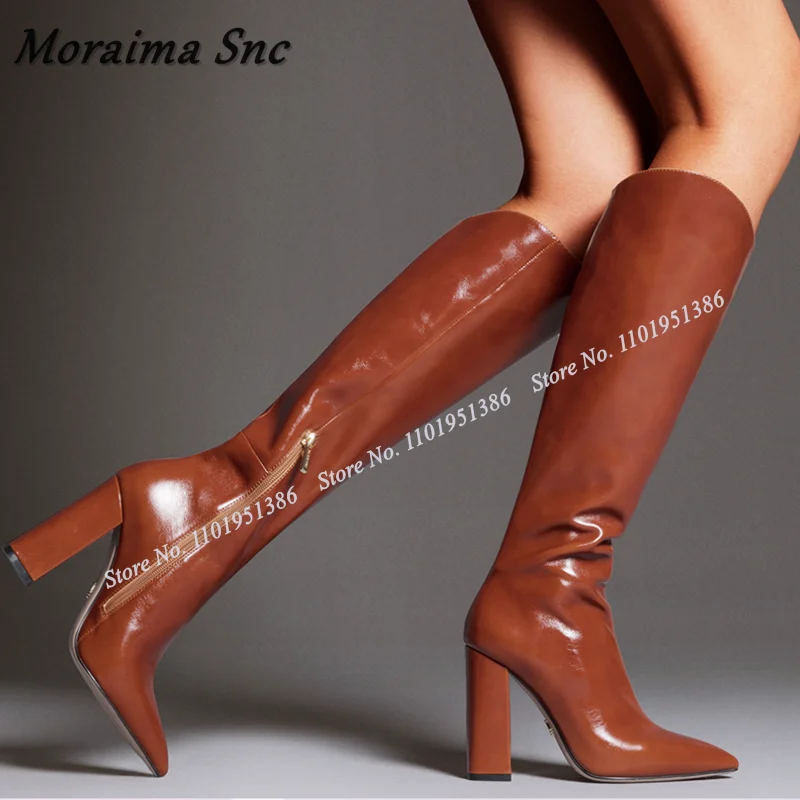 Moraima Snc Red Patent Leather Chunky Heel Boots Side Zipper Knee High Pointed Toe Shoes for Women High Heels Zapatillas Mujer