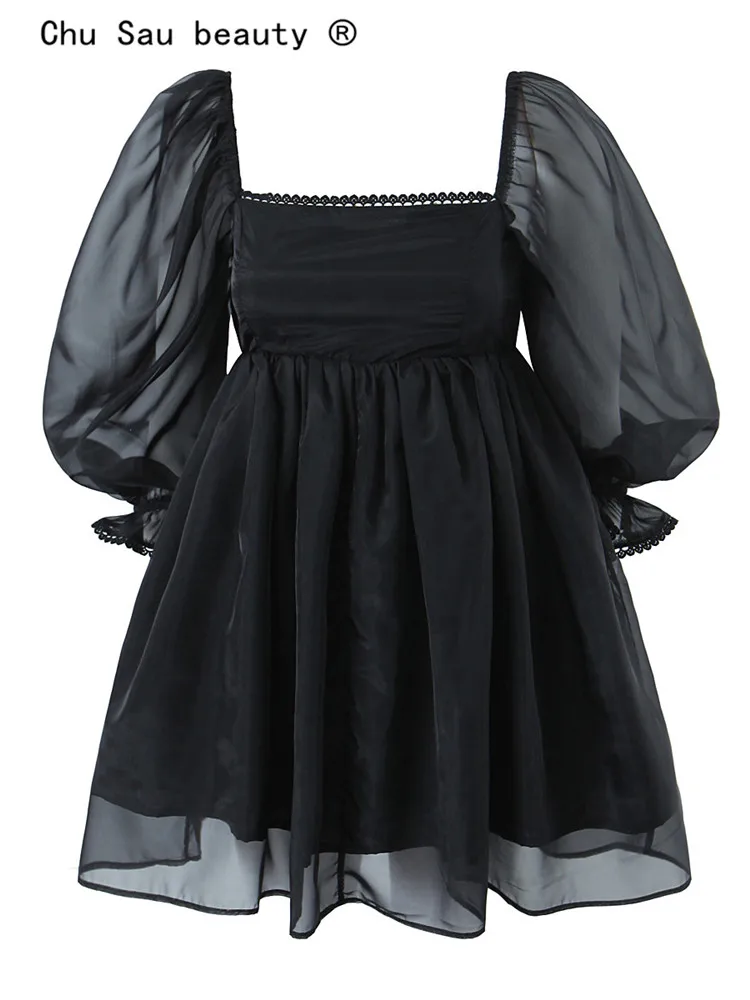 

Женское Короткое платье из органзы, повседневное винтажное черное платье мини с квадратным вырезом и пышными рукавами, весна-лето 2023