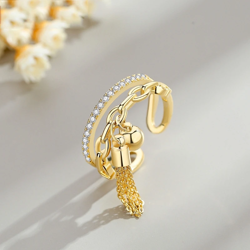 

Link Chain Tassel Ring Zirconia with Pendant Charm Finger Ring Tassel Ring