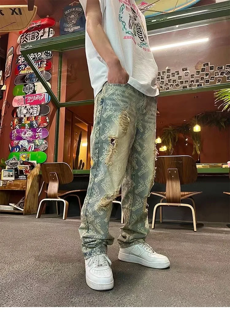 Y2K Korean Vintage Streetwear Casual Pistol Ripped Baggy Pants Wide Leg Grunge Jeans Men Graphic Denim Trousers Brand Clothing