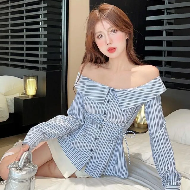 

Hikigawa Slash Neck Chic Fashion Slim Waist Tunic Blouse Bandage Vintage Striped Elegant Shirt All Match Blusas Top Ropa Mujer