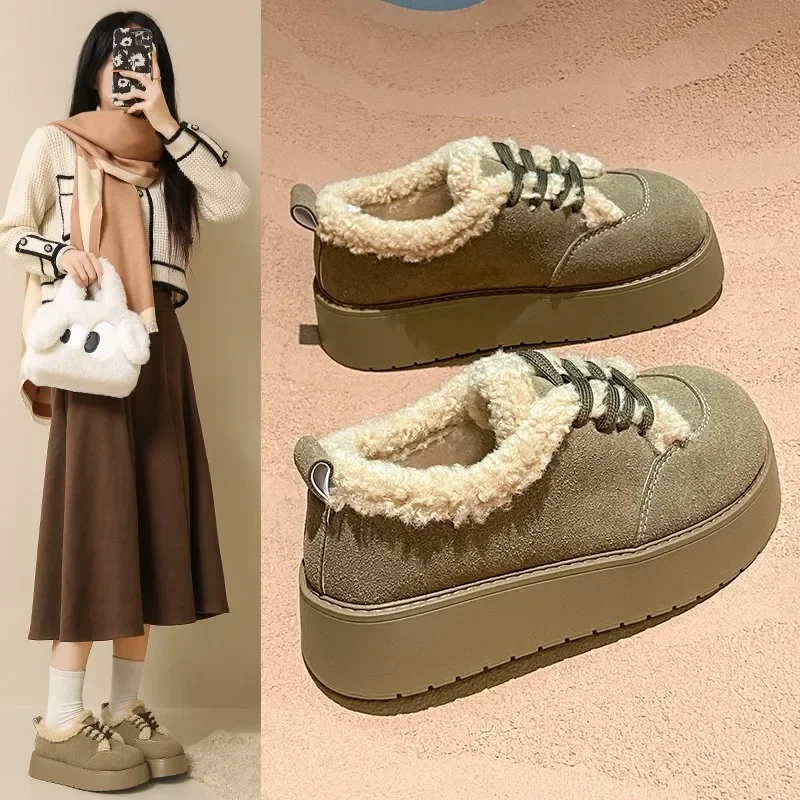 Casual Woman Shoe Loafers With Fur Clogs Platform Round Toe Modis Slip-on New Creepers 2024 Winter Lace-Up Solid Leisure Fashion
