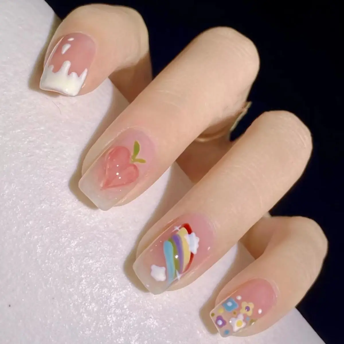 

Handmade Manicure Wearing Fake Nail Fake Nail Patch Rainbow Peach Manicure Finished Detachable Short Student
