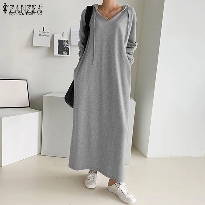 

Women Casual Sweatshirt Hoodies Dresses Oversized ZANZEA Solid Baggy Sundress 2022 Spring Autumn Long Sleeve Hooded Maxi Vestido
