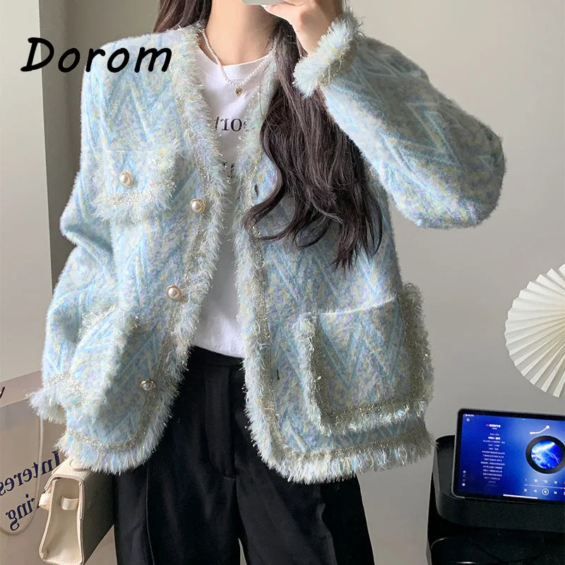 

Vintage Argyle Tassel Tweed Blazer Women Korean Style Small Fragrant Mink Fur Woolen Short Coats Office Lady Suit Jacket Outwear