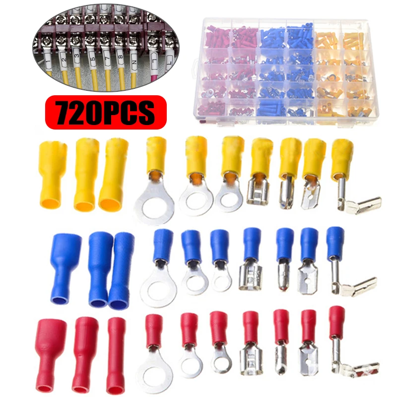 

720PCS Terminal Various Styles With Box Packed Electrical Butt Tube Ferrule Spade Insulated Wire Connector Crimping Kit Set Tool