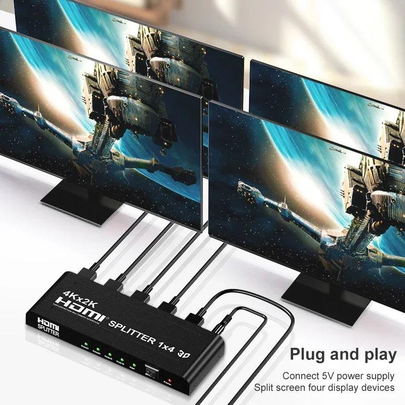 Фото HDMI-сплиттер 4K 1x4: распределитель видео HDMI, конвертер 1 вход на 4 выхода, дублирование изображения на 4 экрана для ПК, PS3/4, HDTV, проектора №5