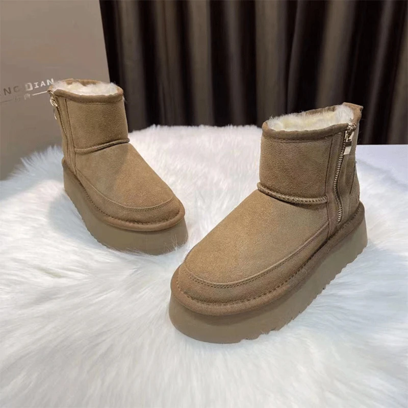 

Med Heel Boots Winter Shoes For Women Plush Australia Round Toe 2023 Fur Leather Rubber Flat Snow Lolita Ankle Ladies Shearling