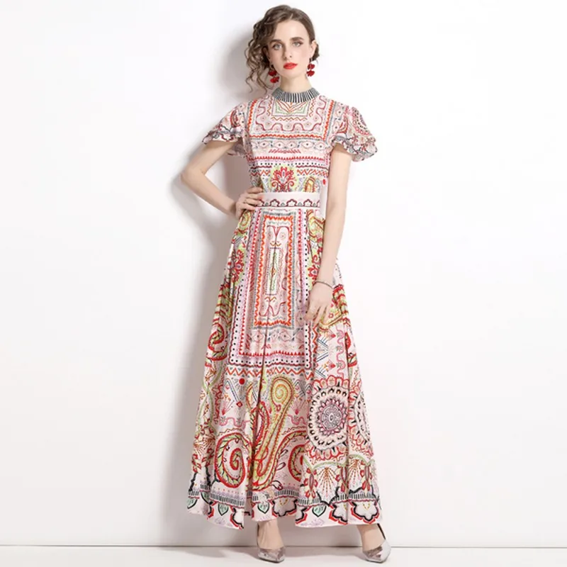 

2022 Spring Elegant Women Flower Print Stand Collar Short Sleeved Casual Dress Vestidos