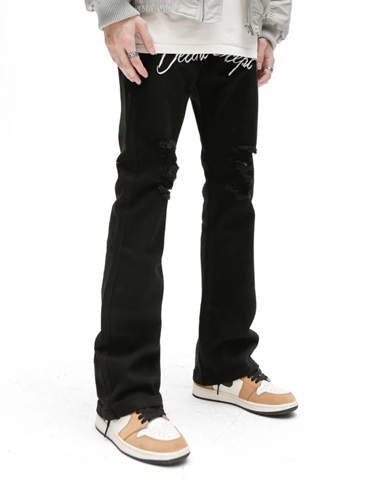 Denim Pants Pure Black Embroidery Loose Punk Men's Fashion Pants Super Street Clothing Y2k Flared Pants Black Trend Hip -hop Man