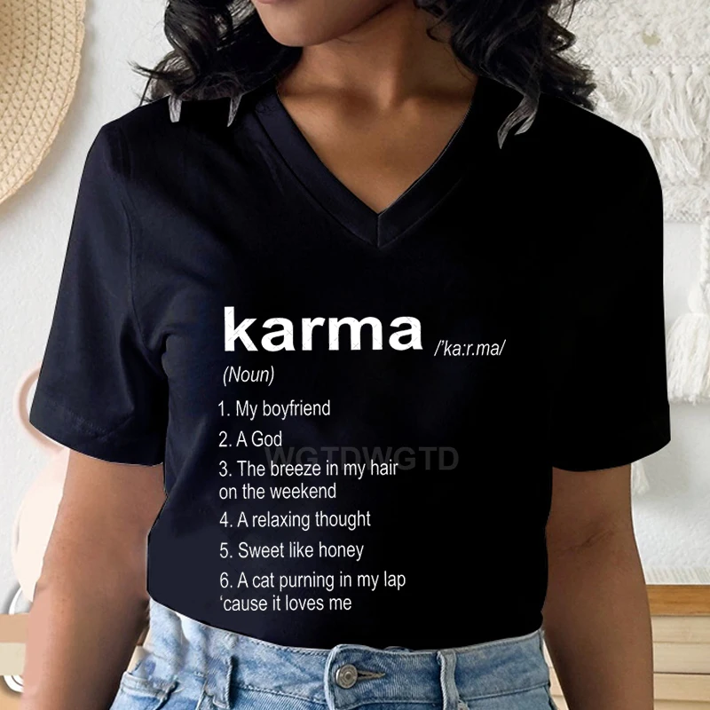 Karma Is A Cat Trendy Fan Gift T-shirt Definition Letter Print Woman T-shirts Funny Lover V-neck Women's Clothing