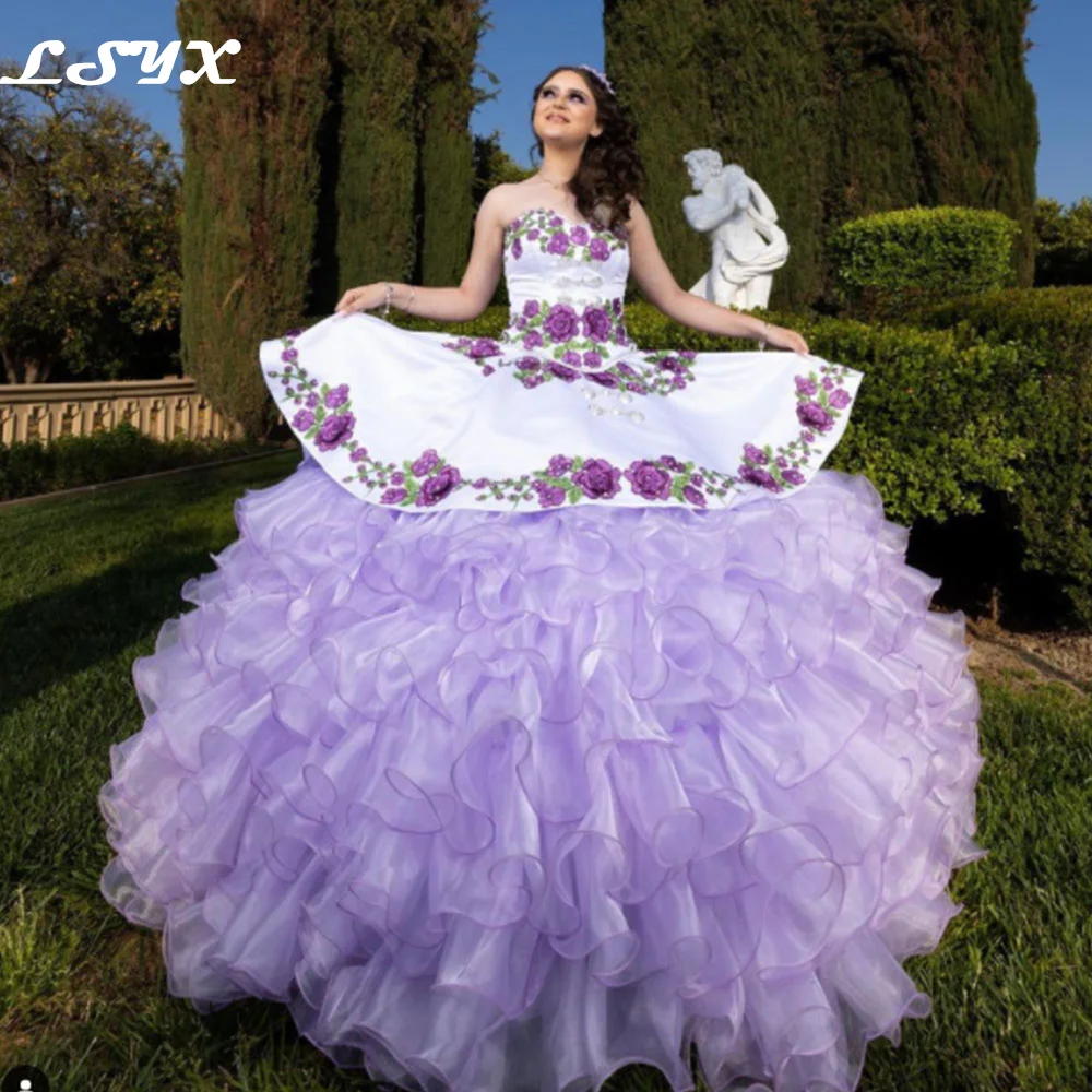 

LSYX Purple Strapless Pageant Quinceanera Dresses 2023 Sweetheart Florals Pleat Tiered Lace Up Princess Party Sweet 15 Ball Gown