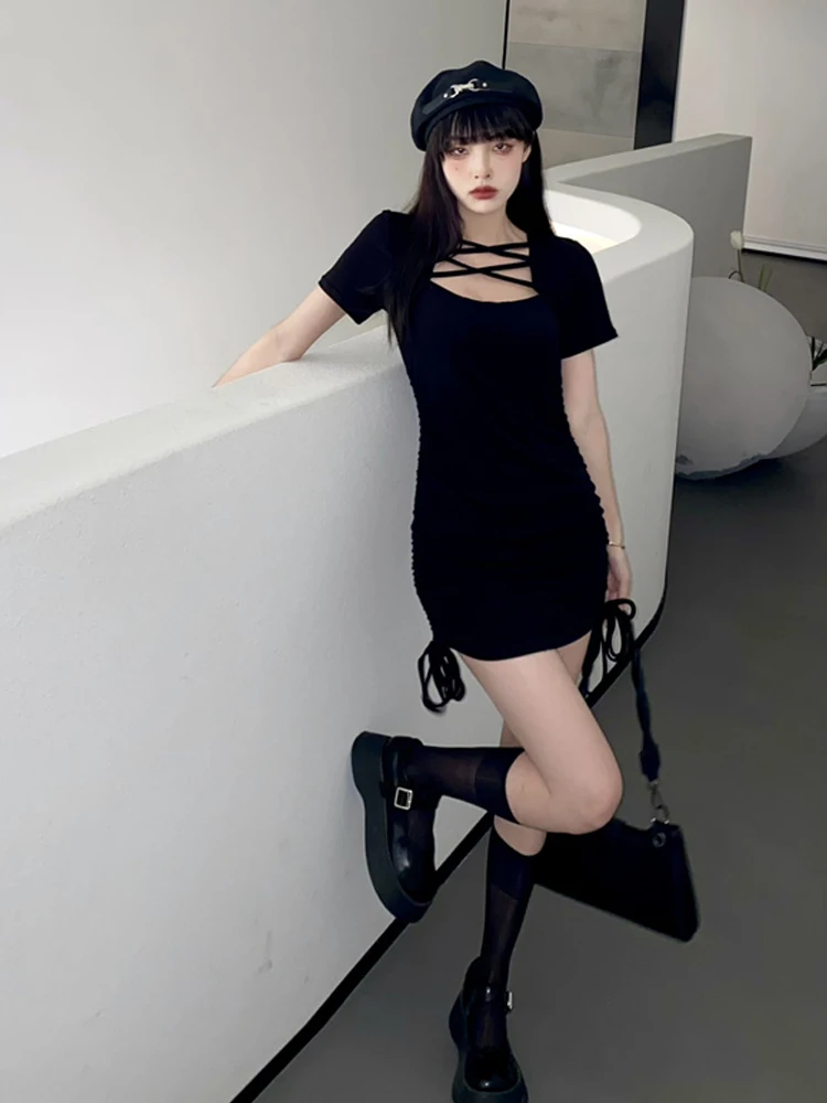 

Streetwear Harajuku Diablo Style Black Mini Dresses Vintage Cross Hollow Out Square Collar Slim Short Sleeve Smocked Dress