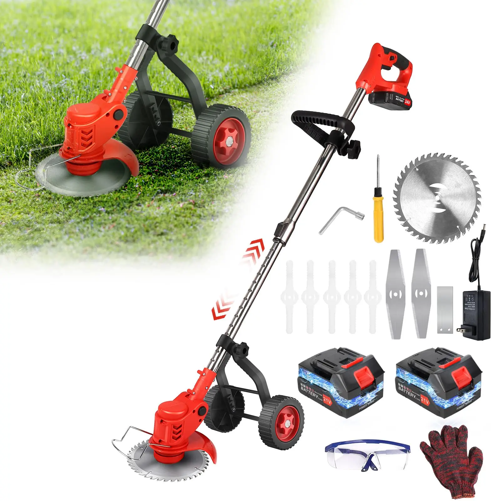 Grass Trimmer Cordless Electric Lawn Mower Hedge Trimmer Adjustable Handheld Garden Power Pruning with Upgraded Wheel Battery