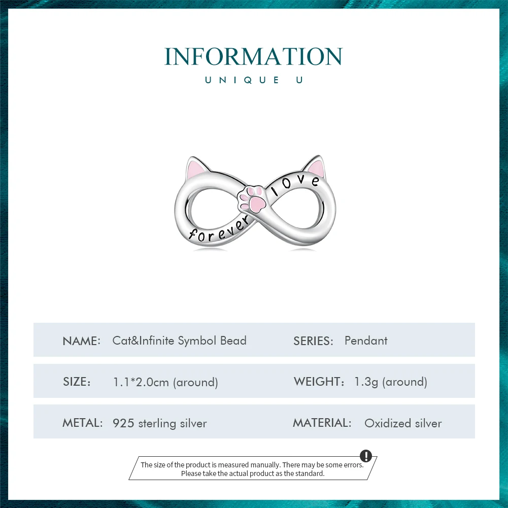 WOSTU 925 Sterling Silver Cat Ears&Infinite Symbol Bead Forever Love Charm Fit Bracelet Necklace for Women Original Jewelry Gift images - 6