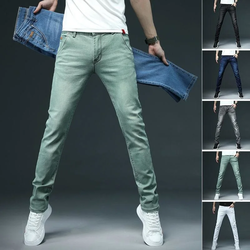 Men's Jeans Mens Summer Thin Cotton Casual Trousers All-Match Stretch Slim Low-Rise Waist Zipper Denim Pencil Pants