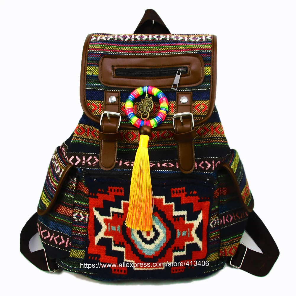 

Tribal Vintage Hippie Colorful Travel Backpack Bag For Women Embroidery Pom Charm Hmong Ethnic Bohemian Boho Rucksack SYS-593