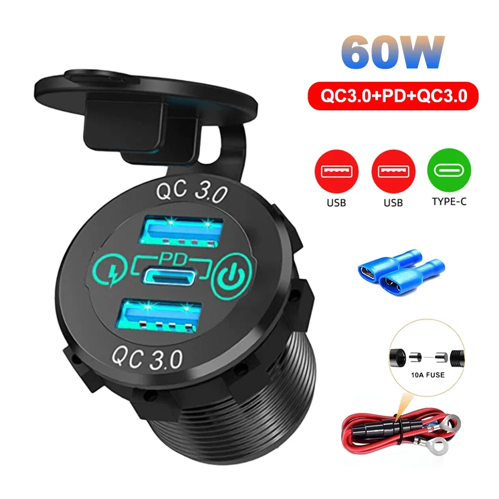 

60 Вт 12 В/24 В розетка USB C автомобильное зарядное устройство гнездо прикуриватель PD и 18 Вт QC3.0 с сенсорным выключателем для автомобиля лодки морского транспорта RV мотоцикла
