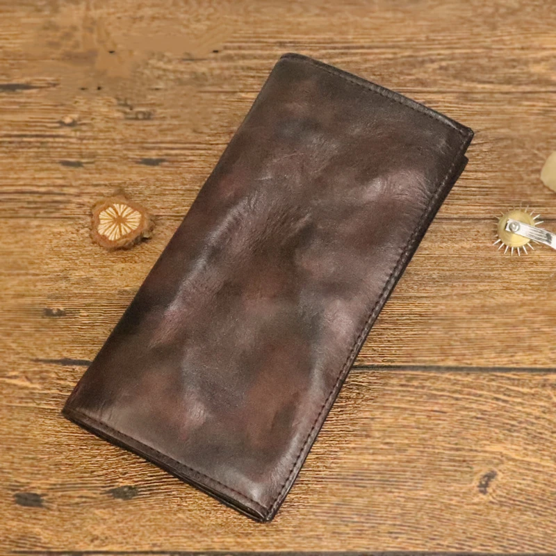 Japanese Style Vegetable Tanned Leather Men's Wallet Top Layer Cowhide Hand-print  Long Wallet Multi-card Money Clip Clutch Bag