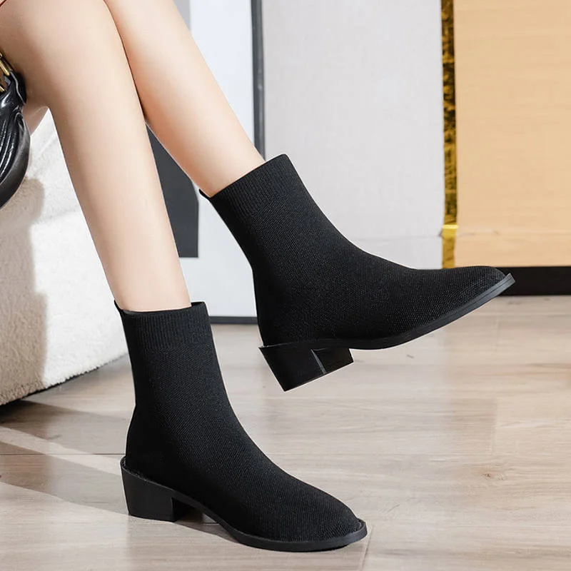 

Knitted Thick Heel Large Size Elastic Slim Boots Women's Socks Boots Square Heel Simple Heightening Sleeve Slim Women's Boots