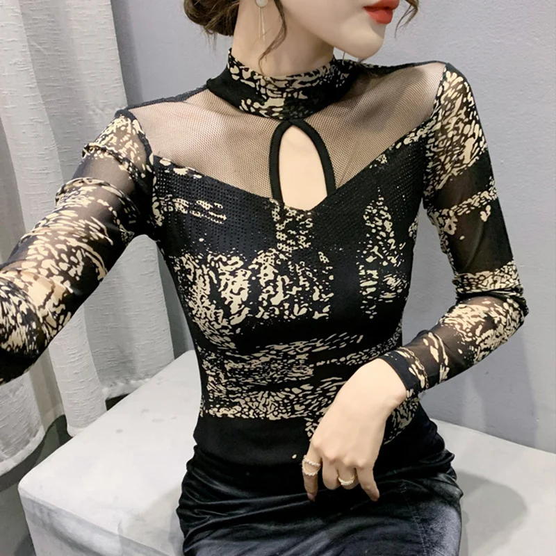 

Turtleneck T Shirt Women Hollow Out Diamonds Printed Mesh Long Sleeve T Shirt Female Tight Basic Tshirt Vintage Tee Autumn