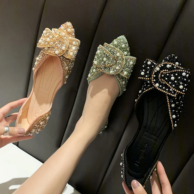Women Flat Casual Shoes Pointed Toe Bow Tie Pumps Woman 2022 Fall Fashion Pearl Shoes Black Green Zapatillas Mujer