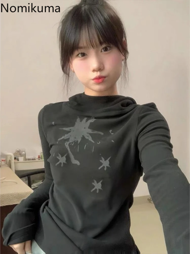 Женская одежда 2024 футболки с капюшоном и принтом женская Y2k шикарные облегающие