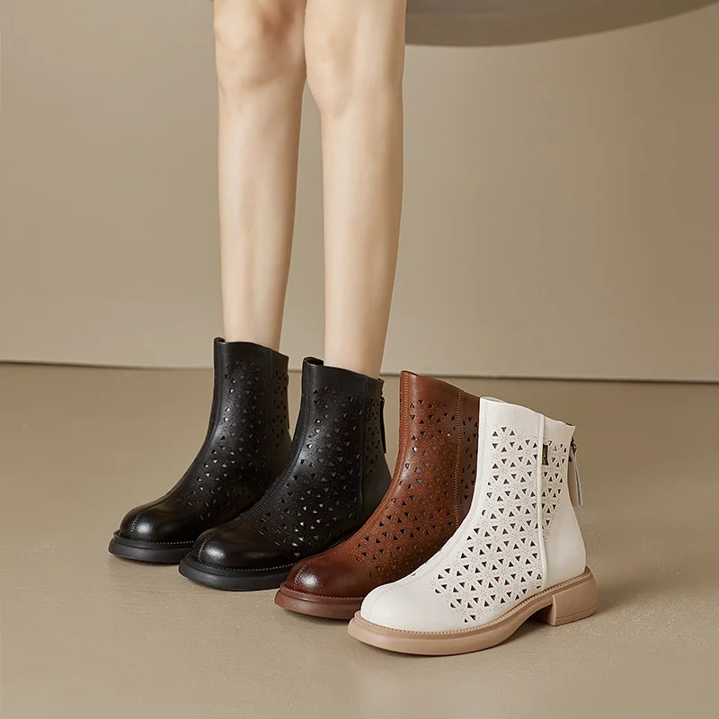 2023 Autumn Women Hollow Out Shoes Summer Fashion Vintage Boots Zippered Elevated Shoes Sandals Ankle White Boots  Ankle Boots