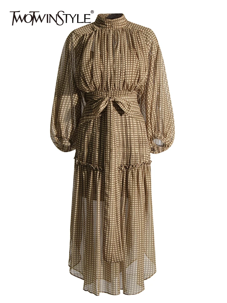 

Женское платье с воротником-стойкой TWOTWINSTYLE, элегантное однотонное платье с длинными рукавами и высокой талией на осень