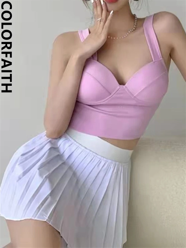 

Colorfaith New 2022 Chic Tank & Camis Bottoming Bra Padding Sexy Vests Elasticity Fashion Women Autumn Winter Crop Tops V4003JM