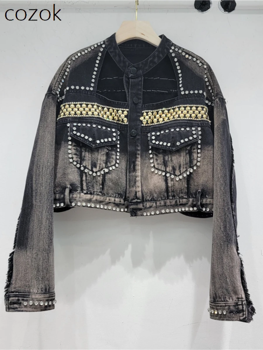 

Women's Short Denim Jacket 2023 Autumn New Women's Hip Hop Hollow-out Design Diamond Raw Edge Denim Top Streetwear Jackets